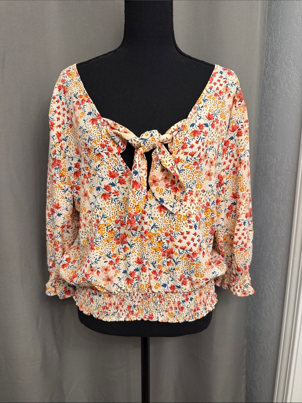 Floral Tie-Front Women’s Blouse in Cream and Coral